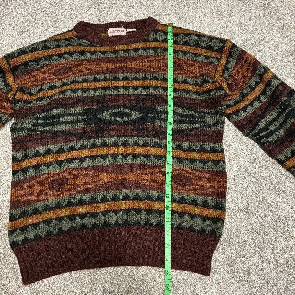 Vintage Campus Grandpa Sweater Men’s Medium - Green Brown Aztec Geometric 80s
